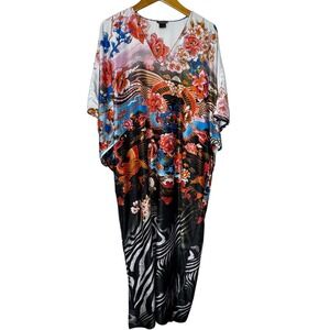 Natori Floral Zebra Striped Kimono Maxi Length